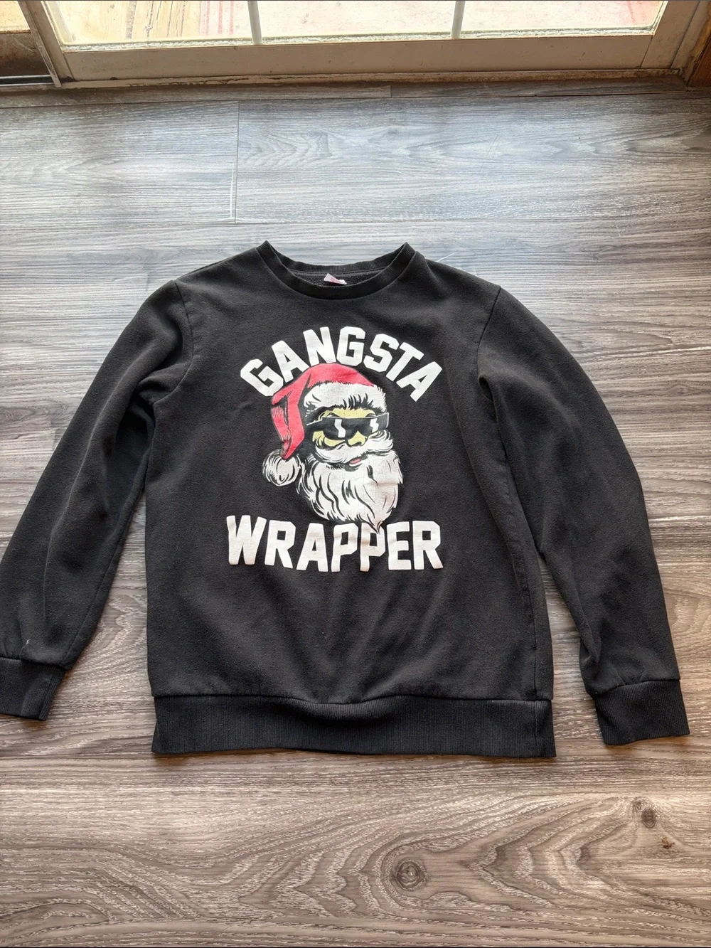 Holiday Time Black Crewneck 'Gangsta Wrapper' Santa Pullover